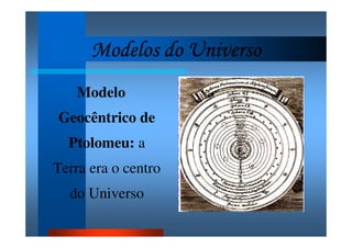 Modelos do UniversoModelos do UniversoModelos do UniversoModelos do Universo
Modelo
Geocêntrico de
Ptolomeu: a
Terra era o centro
do Universo
 