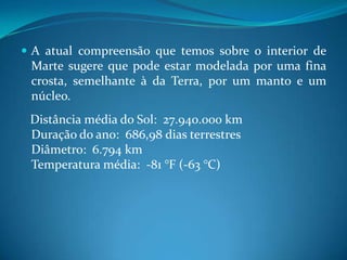 A atual compreensão que temos sobre o interior de Marte sugere que pode estar modelada por uma fina crosta, semelhante à da Terra, por um manto e um núcleo.   Distância média do Sol:  27.940.000 km Duração do ano:  686,98 dias terrestresDiâmetro:  6.794 kmTemperatura média:  -81 °F (-63 °C)
