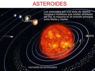 Los asteroides son una serie de objetos
rocosos o metálicos que orbitan alrededor
del Sol, la mayoría en el cinturón principal,
entre Marte y Júpiter.
ASTEROIDES
MARTE
JÚPITER
CINTURÓN DE ASTEROIDES
 