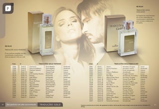 R$ 90,00
TRADUÇÕES GOLD
MASCULINO
As fragrâncias mais famosas
do mundo traduzidas em
concentração e performace,
para homens modernos e
arrojados.

R$ 90,00
TRADUÇÕES GOLD FEMININO
O seu perfume predileto em alta
concentração e performace.
Sinta-se especial. Sinta-se você.

Cod.
2305
2308
2309
2310
2312
2313
2314
2316
2320
2321
2322
2323
2324
2326
2335
2337
2346
2351

60

Gold
Gold
Gold
Gold
Gold
Gold
Gold
Gold
Gold
Gold
Gold
Gold
Gold
Gold
Gold
Gold
Gold
Gold

Cod.

TRADUÇÕES GOLD FEMININO

no
5
8
9
10
12
13
14
16
20
21
22
23
24
26
35
37
46
51

Channel 5
Dolce & Gabbana
Gabriela Sabatini
Angel
212 Carolina Herrera
Fantasy
Lady Million
Bombshell
Flower By Kenzo
Hypnöse
Very Irresistible
JPG Classique
J’adore
Angel or Demon
L’eau D’Issey
Tresor
CH212 Sexy
Euphoria	

Floral Aldeídico
Floral Aldeídico
Oriental Floral
Oriental Frutal
Floral Frutal
Floral Frutal
Amadeirado
Floral Frutal
Floral Oriental
Oriental Woody
Floral Aromático
Oriental Floral
Floral
Floral Oriental
Amadeirado
Floral
Chypre Frutal
Frutal Floral

Moderado
Moderado
Intenso
Intenso
Moderado
Intenso
Moderado
Suave
Moderado
Moderado
Moderado
Intenso
Suave
Intenso
Moderado
Moderado
Suave
Moderado

2301
2302
2303
2304
2306
2307
2317
2318
2319
2328
2329
2330
2331
2332
2342
2343
2345
2347
2353
2357

no
Gold
Gold
Gold
Gold
Gold
Gold
Gold
Gold
Gold
Gold
Gold
Gold
Gold
Gold
Gold
Gold
Gold
Gold
Gold
Gold

TRADUÇÕES GOLD MASCULINO
1
2
3
4
6
7
17
18
19
28
29
30
31
32
42
43
45
47
53
57

Azzaro
Kouros Freicheur
Polo
Dolce e Gabbana
Le Male
Polo Black
Abercrombie Fierce
CH212 for Men
1 Million
Ferrari Black
Polo Blue
Diesel Fuel for Life
Lapidus
Animale
Cool Water
Joop! Homme
Fahrenheit
Azzaro Silver Black
Black XS
Fahrenheit Summer

Aromático Fougere
Aromático Fresco
Frutal Amadeirado
Amadeirado
Fougère Oriental
Amadeirado Aromático
Aromático Fougere
Woody Floral Verde
Oriental Fougere
Amadeirado Especiado
Aromático Fougere
Amadeirado
Oriental Spicy
Woody Oriental
Aromático Fresco
Woody Oriental
Aromático Fougere
Amadeirado
Aromático Fougere
Amadeirado

Suave
Moderado
Intenso
Intenso
Suave
Moderado
Moderado
Intenso
Intenso
Intenso
Suave
Suave
Intenso
Intenso
Moderado
Intenso
Moderado
Moderado
Suave
Moderado

Quando os caminhos de um homem são agradáveis ao Senhor, ele faz que até os seus inimigos vivam em paz com ele. Provérbios 16:7
(NVI)pç

61

 