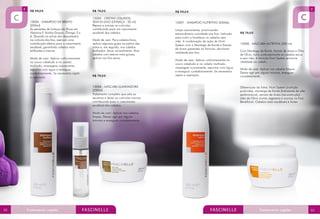 R$ 59,00
15004 - SHAMPOO DE BRILHO
(250ml)
As sementes de linhaça são Ricas em
Vitamina F, Ácidos Graxos, Ômega 3 e
6. Quando os ativos são depositados
na cutícula dos fios, exercem uma
contribuição efetiva para o crescimento
saudável, garantindo cabelos mais
brilhantes e macios.
Modo de usar: Aplicar uniformemente
no couro cabeludo e no cabelo
molhado, massagear suavemente,
espumar com água e enxaguar
cuidadosamente. Se necessário repitir
a operação.

R$ 79,00
15005 - CRISTAIS LÍQUIDOS
SEMI DI LINO (LINHAÇA - 30 ml)
Repara e suaviza as cutículas,
contribuindo para um crescimento
saudável dos cabelos.
Modo de usar: Para cabelos finos,
aplicar algumas gotas na palma das
mãos e, em seguida, nos cabelos
molhados. Secar normalmente. Para
cabelos com textura mais grossa,
aplicar nos fios secos.

R$ 79,00
15006 - MÁSCARA ILUMINADORA
(250ml)
Tratamento completo que sela as
escamas e deixa as cutículas macias,
contribuindo para o crescimento
saudável dos cabelos.

R$ 59,00
15007 - SHAMPOO NUTRITIVO (250ML)
Limpa suavemente, promovendo
extraordinária suavidade aos fios. Indicado
para nutrir e fortalecer os cabelos sem
vida. A combinação da ação do Nutri
System com a Manteiga de Karité e Extrato
de Aveia presentes na fórmula, devolvem
vitalidade aos fios.
Modo de usar: Aplicar uniformemente no
couro cabeludo e no cabelo molhado,
massagear suavemente, espumar com água
e enxaguar cuidadosamente. Se necessário
repita a operação.

R$ 79,00
15008 - MÁSCARA NUTRITIVA (250 ml)
Com Manteiga de Karité, Extrato de Aveia e Óleo
de Oliva, nutre profundamente os cabelos secos
e sem vida. A fórmula Nutri System promove
vitalidade ao cabelo.
Modo de usar: Aplicar nos cabelos limpos.
Deixar agir por alguns minutos, enxaguar
completamente.

Diferenciais da linha: Nutri System (nutrição
profunda), manteiga de Karité (hidratante de alta
performance), extrato de Aveia (reconstrução) óleo de Oliva (nutre, regenera e suaviza os fios).
Benefícios: Cabelos mais saudáveis e fortes

Modo de usar: Aplicar nos cabelos
limpos. Deixar agir por alguns
minutos e enxaguar completamente.

82

83

 