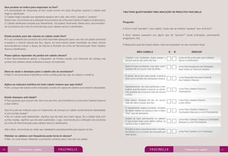 Que produto se indica para engrossar os fios?
• A necessidade de “engrossar os fios” pode ocorrer em duas situações: quando o cabelo está
frágil ou danificado.
O Cabelo frágil é aquele que apresenta aspecto sem vida, sem brilho, prestes a “quebrar”. 	
Neste caso, recomenda-se a utilização dos produtos da Linha para Cabelos Frágeis e Quebradiços.
O Cabelo danificado é aquele que, literalmente, “se quebra” facilmente. Neste caso, recomendamse os produtos da Linha de reconstrução para cabelos secos e danificados.

Existe produto para dar volume no cabelo muito fino?
• O uso constante dos produtos da Linha Fascinelle adequado para o seu tipo de cabelo devolverá
a saúde e o volume natural dos fios. Agora, se você mesmo assim necessitar de maior volume
recomendamos indicar o Spray de Volume e Nutrição da Linha de Reconstrução Para Cabelos
Secos e Danificados.

TIRA-TEIMA QUESTIONÁRIO PARA INDICAÇÃO DE PRODUTOS FASCINELLE

Pergunte:
• Como você “percebe” o seu cabelo. Quais são as maiores “queixas” que você tem?
• Seus cabelos passaram por algum tipo de “química”? Quais (coloração, permanente,
progressiva, etc)
• Responda qual das frases abaixo mais se enquadram ao seu momento atual.
MEU CABELO

Posso aplicar reparador de pontas em cabelo oleoso?
• Sim! Recomendamos aplicar o Reparador de Pontas Líquido com Semente de Linhaça nas
pontas dos cabelos ainda molhados e secar normalmente.

Deve se variar o shampoo para o cabelo não se acostumar?
• Não! O recomendável é identificar a linha correta para seu tipo de cabelo e mantê-la.

Aplica-se máscara nutritiva em todo cabelo mesmo que seja misto?
• Sim, porque não existe contra indicações, exceto em casos de cabelos com extrema oleosidade.

Existe shampoo anti-idade?
• Para pessoas que buscam dar vida nova aos fios, recomendamos a Linha para Cabelos Opacos
e Sem Brilho!
Que kit pode ser indicado para um tratamento de choque em cabelo extremamente desidratado
e com pontas duplas?
• Se um cabelo está desidratado, significa que ele esta seco (sem água). Se o cabelo está com
pontas duplas, significa que ele está quebradiço. Logo, recomenda-se a utilização dos produtos
da Linha de Reconstrução para cabelos secos e danificados.
Além disso, recomenda-se visitar seu cabeleireiro periodicamente para aparar os fios.
Hidratar os cabelos com frequência pode torna-lo oleoso?
• Não, se você estiver utilizando os produtos corretos para o seu tipo de cabelo.

90

S

N

INDICAR

“Quebra” com facilidade, basta passar a
escova que já vejo parte dos fios.

Linha de Reconstrução para Cabelos
Secos e Danificados

Está em boas condições, mas falta “vida”!
Gostaria de um pouco mais de Brilho.

Linha Remineralizante de Hidratação
para Todos os Tipos de Cabelos

É oleoso. Se eu lavo pela manhã, à tarde já
sinto como se eles não estivessem limpos.

Linha Reequilibrante para Controle
dos Cabelos Oleosos

Aparentemente, não está danificado e nem
quebra quando passo a escova ou pente,
mas gostaria de um pouco mais de volume
e brilho.

Linha Para Cabelos Fracos e
Quebradiços

Está opaco. Gostaria de dar um pouco
mais de vida e maciez aos fios.

Linha Para Cabelos Opacos
e Sem Brilho

É naturalmente crespo/ondulado. Gostaria
de definir melhor os cachos e tirar o efeito
“frizz” que ele apresenta.

Linha Para Cabelos Crespos e
Cacheados Naturais ou com Permanente

Acabei de fazer permanente no cabelo!!
O que posso fazer para definir melhor os
cachos e tirar o efeito frizz?

Linha Para Cabelos Crespos e Cacheados
Naturais ou com Permanente

É tingido e retoco periodicamente. Gostaria
de manter a cor e o brilho da coloração por
mais tempo

Linha Para Cabelos com Coloração

91

 