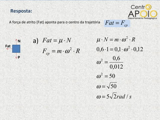 Resposta: A força de atrito (Fat) aponta para o centro da trajetória N P Fat a) 