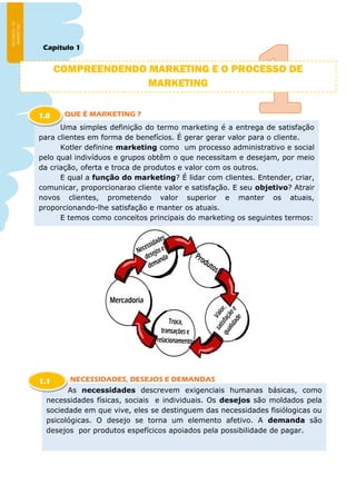 As necessidades descrevem exigenciais humanas básicas, como
necessidades físicas, sociais e individuais. Os desejos são moldados pela
sociedade em que vive, eles se destinguem das necessidades fisiólogicas ou
psicológicas. O desejo se torna um elemento afetivo. A demanda são
desejos por produtos espefícicos apoiados pela possibilidade de pagar.
Capítulo 1
O QUE É MARKETING ?
NECESSIDADES, DESEJOS E DEMANDAS
COMPREENDENDO MARKETING E O PROCESSO DE
MARKETING
Uma simples definição do termo marketing é a entrega de satisfação
para clientes em forma de benefícios. É gerar gerar valor para o cliente.
Kotler definine marketing como um processo administrativo e social
pelo qual indivíduos e grupos obtêm o que necessitam e desejam, por meio
da criação, oferta e troca de produtos e valor com os outros.
E qual a função do marketing? É lidar com clientes. Entender, criar,
comunicar, proporcionarao cliente valor e satisfação. E seu objetivo? Atrair
novos clientes, prometendo valor superior e manter os atuais,
proporcionando-lhe satisfação e manter os atuais.
E temos como conceitos principais do marketing os seguintes termos:
1.0
1.1
 