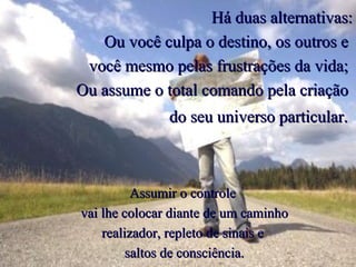 Há duas alternativas: Ou você culpa o destino, os outros e  você mesmo pelas frustrações da vida;  Ou assume o total comando pela criação  do seu universo particular.   Assumir o controle  vai lhe colocar diante de um caminho realizador, repleto de sinais e  saltos de consciência. 