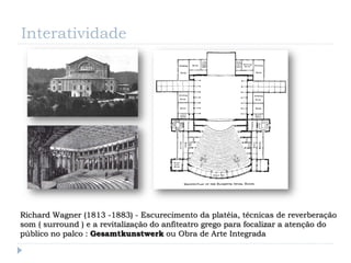 Interatividade




Richard Wagner (1813 -1883) - Escurecimento da platéia, técnicas de reverberação
som ( surround ) e a revitalização do anfiteatro grego para focalizar a atenção do
público no palco : Gesamtkunstwerk ou Obra de Arte Integrada
 