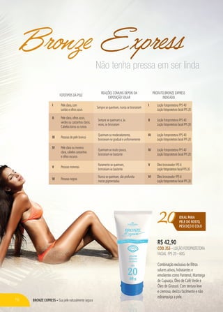BRONZE EXPRESS – Sua pele naturalmente segura
20IDEAL PARA
PELE DO ROSTO,
PESCOÇO E COLO
R$ 42,90
CÓD.353 – LOÇÃO FOTOPROTETORA
FACIAL FPS 20 – 60G
Combinação exclusiva de filtros
solares ativos, hidratantes e
emolientes como Pantenol, Manteiga
de Cupuaçu, Óleo de CaféVerde e
Óleo de Girassol. Com textura leve
e cremosa, desliza facilmente e não
esbranquiça a pele.
Bronze Express
IV Pele clara ou morena
clara,cabelos castanhos
e olhos escuros
IV Loção fotoprotetora FPS 40
Loção fotoprotetora facial FPS 20
V Pessoas morenas
V Óleo bronzeador FPS 6
LoçãofotoprotetorafacialFPS20
VI Pessoas negras
VI Óleo bronzeador FPS 6
Loção fotoprotetora facial FPS 20
III Pessoas de pele branca
III Loção fotoprotetora FPS 40
Loção fotoprotetora facial FPS 20
I Pele clara, com
sardas e olhos azuis
I Loção fotoprotetora FPS 40
Loção fotoprotetora facial FPS 20
REAÇÕES COMUNS DEPOIS DA
EXPOSIÇÃO SOLAR
PRODUTO BRONZE EXPRESS
INDICADO
FOTOTIPOS DA PELE
II Pele clara, olhos azuis,
verdes ou castanhos claros.
Cabelos loiros ou ruivos
II Loção fotoprotetora FPS 40
Loção fotoprotetora facial FPS 20
Queimam-se moderadamente,
bronzeiam-se gradual e uniformemente
Queimam-se muito pouco,
bronzeiam-se bastante
Raramente se queimam,
bronzeiam-se bastante
Nunca se queimam, são profunda-
mente pigmentadas
Sempre se queimam e, às
vezes, se bronzeiam
Sempre se queimam, nunca se bronzeiam
Não tenha pressa em ser linda
76
 