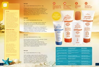 R$ 37,80
353 - LOÇÃO PROTETORA FACIAL FPS 15 - 60g
Protege a pele do rosto prevenindo a vermelhidão e o
ressecamento provocados pela exposição a radiação solar,
graças a combinação exclusiva de filtros solares e ativos
hidratantes e emolientes como Pantenol, Manteiga de
Cupuaçu, Óleo de Café Verde e Óleo de Girassol. Sua
textura leve e cremosa desliza facilmente e não deixa a pele
esbranquiçada como os filtros comuns.
R$ 49,40

NÃO DEIXA
A PELE
ESBRANQUIÇADA
COMO OS FILTROS
COMUNS

357 - LOÇÃO BLOQUEADORA FPS 30 120g
Alta proteção devido a associação de filtros solares que
protegem da ação dos raios UVB, evitando os danos
causados pela exposição ao sol como queimaduras e
ressecamento da pele.
Sua fórmula especial, leve e cremosa, é enriquecida com
agentes emolientes e umectantes como a Manteiga de
Cupuaçu e a Glicerina e os Óleos de Girassol, Café Verde
e Cenoura, que ajudam a evitar a perda de umidade
preservando a hidratação natural da pele e toque sedoso.

R$ 22,80
359 - ÓLEO BRONZEADOR FPS-2 140ml
Fórmula especial de textura leve e fácil aplicação. Contém
filtros solares que aumentam em duas
vezes a proteção natural da pele. Proporciona um
bronzeamento gradual às peles morenas, com mais
resistência ao sol. Devido a presença de ativos emolientes
como Óleos de Cenoura, Café Verde, Girassol e outros,
ajuda a evitar o ressecamento da pele.

R$ 33,20
356 - LOÇÃO PROTETORA FPS 15 120g
Ajuda a proteger a pele da ação dos raios UVB, graças a
uma combinação de filtros solares de eficácia comprovada.
Previne a vermelhidão e proporciona um bronzeado seguro
e uniforme. De textura leve e cremosa, desliza facilmente
podendo ser usado no corpo todo. Evita que a pele fique
ressecada graças a presença de ativos com propriedades
umectante e emoliente como a Manteiga de Cupuaçu e os
Óleos de Girassol, Café Verde e Cenoura.
30

31

 