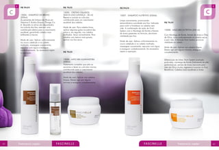 R$ 59,00
15004 - SHAMPOO DE BRILHO
(250ml)
As sementes de linhaça são Ricas em
Vitamina F, Ácidos Graxos, Ômega 3 e
6. Quando os ativos são depositados
na cutícula dos fios, exercem uma
contribuição efetiva para o crescimento
saudável, garantindo cabelos mais
brilhantes e macios.
Modo de usar: Aplicar uniformemente
no couro cabeludo e no cabelo
molhado, massagear suavemente,
espumar com água e enxaguar
cuidadosamente. Se necessário repitir
a operação.

R$ 79,00
15005 - CRISTAIS LÍQUIDOS
SEMI DI LINO (LINHAÇA - 30 ml)
Repara e suaviza as cutículas,
contribuindo para um crescimento
saudável dos cabelos.
Modo de usar: Para cabelos finos,
aplicar algumas gotas na palma das
mãos e, em seguida, nos cabelos
molhados. Secar normalmente. Para
cabelos com textura mais grossa,
aplicar nos fios secos.

R$ 79,00
15006 - MÁSCARA ILUMINADORA
(250ml)
Tratamento completo que sela as
escamas e deixa as cutículas macias,
contribuindo para o crescimento
saudável dos cabelos.

R$ 59,00
15007 - SHAMPOO NUTRITIVO (250ML)
Limpa suavemente, promovendo
extraordinária suavidade aos fios. Indicado
para nutrir e fortalecer os cabelos sem
vida. A combinação da ação do Nutri
System com a Manteiga de Karité e Extrato
de Aveia presentes na fórmula, devolvem
vitalidade aos fios.
Modo de usar: Aplicar uniformemente no
couro cabeludo e no cabelo molhado,
massagear suavemente, espumar com água
e enxaguar cuidadosamente. Se necessário
repita a operação.

R$ 79,00
15008 - MÁSCARA NUTRITIVA (250 ml)
Com Manteiga de Karité, Extrato de Aveia e Óleo
de Oliva, nutre profundamente os cabelos secos
e sem vida. A fórmula Nutri System promove
vitalidade ao cabelo.
Modo de usar: Aplicar nos cabelos limpos.
Deixar agir por alguns minutos, enxaguar
completamente.

Diferenciais da linha: Nutri System (nutrição
profunda), manteiga de Karité (hidratante de alta
performance), extrato de Aveia (reconstrução) óleo de Oliva (nutre, regenera e suaviza os fios).
Benefícios: Cabelos mais saudáveis e fortes

Modo de usar: Aplicar nos cabelos
limpos. Deixar agir por alguns
minutos e enxaguar completamente.

62

63

 