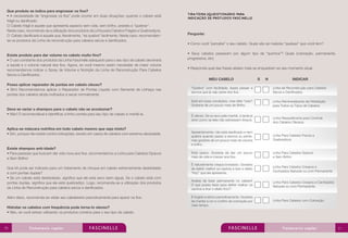 Que produto se indica para engrossar os fios?
• A necessidade de “engrossar os fios” pode ocorrer em duas situações: quando o cabelo está
frágil ou danificado.
O Cabelo frágil é aquele que apresenta aspecto sem vida, sem brilho, prestes a “quebrar”. 	
Neste caso, recomenda-se a utilização dos produtos da Linha para Cabelos Frágeis e Quebradiços.
O Cabelo danificado é aquele que, literalmente, “se quebra” facilmente. Neste caso, recomendamse os produtos da Linha de reconstrução para cabelos secos e danificados.

Existe produto para dar volume no cabelo muito fino?
• O uso constante dos produtos da Linha Fascinelle adequado para o seu tipo de cabelo devolverá
a saúde e o volume natural dos fios. Agora, se você mesmo assim necessitar de maior volume
recomendamos indicar o Spray de Volume e Nutrição da Linha de Reconstrução Para Cabelos
Secos e Danificados.

TIRA-TEIMA (QUEISTIONÁRIO PARA
INDICAÇÃO DE PROTUDOS FASCINELLE

Pergunte:
• Como você “percebe” o seu cabelo. Quais são as maiores “queixas” que você tem?
• Seus cabelos passaram por algum tipo de “química”? Quais (coloração, permanente,
progressiva, etc)
• Responda qual das frases abaixo mais se enquadram ao seu momento atual.
MEU CABELO

Posso aplicar reparador de pontas em cabelo oleoso?
• Sim! Recomendamos aplicar o Reparador de Pontas Líquido com Semente de Linhaça nas
pontas dos cabelos ainda molhados e secar normalmente.

Deve se variar o shampoo para o cabelo não se acostumar?
• Não! O recomendável é identificar a linha correta para seu tipo de cabelo e mantê-la.

Aplica-se máscara nutritiva em todo cabelo mesmo que seja misto?
• Sim, porque não existe contra indicações, exceto em casos de cabelos com extrema oleosidade.

Existe shampoo anti-idade?
• Para pessoas que buscam dar vida nova aos fios, recomendamos a Linha para Cabelos Opacos
e Sem Brilho!
Que kit pode ser indicado para um tratamento de choque em cabelo extremamente desidratado
e com pontas duplas?
• Se um cabelo está desidratado, significa que ele esta seco (sem água). Se o cabelo está com
pontas duplas, significa que ele está quebradiço. Logo, recomenda-se a utilização dos produtos
da Linha de Reconstrução para cabelos secos e danificados.
Além disso, recomenda-se visitar seu cabeleireiro periodicamente para aparar os fios.
Hidratar os cabelos com frequência pode torna-lo oleoso?
• Não, se você estiver utilizando os produtos corretos para o seu tipo de cabelo.

70

S

N

INDICAR

“Quebra” com facilidade, basta passar a
escova que já vejo parte dos fios.

Linha de Reconstrução para Cabelos
Secos e Danificados

Está em boas condições, mas falta “vida”!
Gostaria de um pouco mais de Brilho.

Linha Remineralizante de Hidratação
para Todos os Tipos de Cabelos

É oleoso. Se eu lavo pela manhã, à tarde já
sinto como se eles não estivessem limpos.

Linha Reequilibrante para Controle
dos Cabelos Oleosos

Aparentemente, não está danificado e nem
quebra quando passo a escova ou pente,
mas gostaria de um pouco mais de volume
e brilho.

Linha Para Cabelos Fracos e
Quebradiços

Está opaco. Gostaria de dar um pouco
mais de vida e maciez aos fios.

Linha Para Cabelos Opacos
e Sem Brilho

É naturalmente crespo/ondulado. Gostaria
de definir melhor os cachos e tirar o efeito
“frizz” que ele apresenta.

Linha Para Cabelos Crespos e
Cacheados Naturais ou com Permanente

Acabei de fazer permanente no cabelo!!
O que posso fazer para definir melhor os
cachos e tirar o efeito frizz?

Linha Para Cabelos Crespos e Cacheados
Naturais ou com Permanente

É tingido e retoco periodicamente. Gostaria
de manter a cor e o brilho da coloração por
mais tempo

Linha Para Cabelos com Coloração

71

 