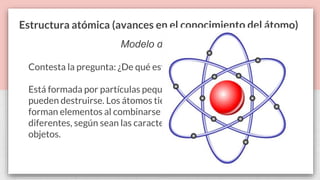 Estructura atómica (avances en el conocimiento del átomo)
Modelo de Dalton
Contesta la pregunta: ¿De qué está hecha la materia?
Está formada por partículas pequeñas llamadas átomos que no
pueden destruirse. Los átomos tienen peso y cualidades propias,
forman elementos al combinarse con otros átomos, iguales o
diferentes, según sean las características de las sustancias u
objetos.
 