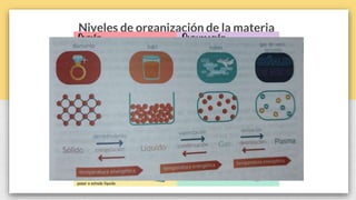 Niveles de organización de la materia
Estados de agregación, características y cambios.
 
