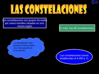 Las constelaciones fueron
establecidas el 4.000 a. C.
La constelación más
grande se llama Hydra
y la más pequeña la
Cruz del Sur
En total, hay 88 constelaciones.
Las constelaciones son grupos formados
por varias estrellas situadas en una
misma región
 