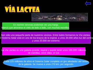 En noches serenas podemos ver una franja
blanca que atraviesa el cielo de lado a lado, con muchas estrellas.
Son sólo una pequeña parte de nuestros vecinos. Entre todos formamos la Vía Láctea.
El Sistema Solar está en uno de los brazos de la espiral, a unos 30.000 años luz del centro
y unos 20.000 del extremo.
La Vía Láctea es una galaxia grande, espiral y puede tener unos 100.000 millones
de estrellas, entre ellas, el Sol.
Cada 225 millones de años el Sistema Solar completa un giro alrededor del centro
de la galaxia. Se mueve a unos 270 km. por segundo.
 