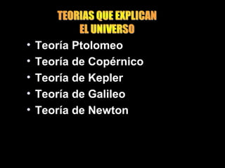 • Teoría Ptolomeo
• Teoría de Copérnico
• Teoría de Kepler
• Teoría de Galileo
• Teoría de Newton
 