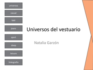 Universos del vestuario
Natalia Garzón
universos
casual
kaki
jeans
sport
sleep
leisure
linkografia
 