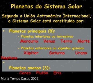 Planetas do Sistema Solar Segundo a Unión Astronómica Internacional,  o Sistema Solar está constituído por: Planetas principais (8): - Planetas interiores ou terrestres   Mercurio  Venus  Terra  Marte  -  Planetas exteriores ou xigantes gasosos   Xúpiter  Saturno  Urano  Neptuno Planetas ananos (3):    Ceres  Plutón  Eris 