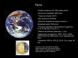 Terra Distância média ao Sol: 150 milhões de Km Período de translação: 365,2 dias  Tempo de rotação: 23,9 h Raio equatorial: 6378 Km Massa em unidades de massa terrestre: 1  Densidade média: 5,52 g/cm 3 Principais substâncias identificáveis à superfície: Si, O, Al, Mg, Mn, Fe, K, Ca, Ti Número de satélites conhecidos - 1: Lua Temperatura na superfície: +58ºC  (Líbia , 1922); -89ºC (Antártida, 1983) (máx. e min. registadas até hoje) Atmosfera: 78% N 2 , 21% O 2 ,  1% Ar , Co 2  e vapor de H 2 O O centro a Terra apresenta um núcleo sólido envolvido por uma camada líquida; a seguir o manto, composto por um magma semi-sólido; e por fim a litosfera. 