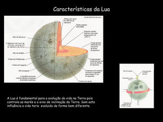 Características da Lua A Lua é fundamental para a evolução da vida na Terra pois controla as marés e o eixo de inclinação da Terra. Sem esta influência a vida teria  evoluido de forma bem diferente.  