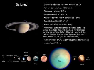 Saturno Distância média ao Sol: 1440 milhões de Km Período de translação: 29,7 anos  Tempo de rotação: 10,2 h Raio equatorial: 60 000 Km Massa: 5,68 26  Kg / 95 X a massa da Terra Densidade média: 0,6 g/cm 3 Anéis: identificados de A a G (7) Número de Satélites conhecidos até à data - 48: Mimas  Encelado, Técis, Dione, Reia, Titã (o maior satélite do Sistema Solar), Hiperião, Iapeto, Febe, Helena, Calipso, Telesto, Jano, Epitmeu, Pandora, Atlas, Prometeu, Pã (muitos não nomeados) Temperatura: -170ºC na parte superior da atmosfera  Atmosfera: 93% H 2 