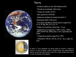 Terra Distância média ao Sol: 150 milhões de Km; Período de translação: 365,2 dias;  Tempo de rotação: 23,9 h; Raio equatorial: 6378 Km; Massa em unidades de massa terrestre: 1; Densidade média: 5,52 g/cm 3; Principais substâncias identificáveis à superfície: Si, O, Al, Mg, Mn, Fe, K, Ca, Ti; Número de satélites conhecidos - 1: Lua; Temperatura na superfície: +58ºC  (Líbia , 1922); -89ºC (Antártida, 1983) (máx. e min. registadas até hoje); Temperatura média à superfície: 15ºC; Atmosfera: 78% N 2 , 21% O 2 ,  1% Ar , Co 2  e vapor de H 2 O. O centro a Terra apresenta um núcleo sólido no interior e líquido no exterior, ao qual se segue o manto, camada sólida com comportamento plástico na sua zona mais externa e, por fim, a crosta oceânica mais fina e a crosta continental, mais espessa. 