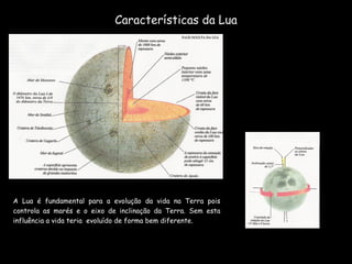 Características da Lua A Lua é fundamental para a evolução da vida na Terra pois controla as marés e o eixo de inclinação da Terra. Sem esta influência a vida teria  evoluído de forma bem diferente.  