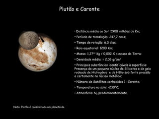 Plutão e Caronte Distância média ao Sol: 5900 milhões de Km; Período de translação: 247,7 anos; Tempo de rotação: 6,3 dias; Raio equatorial: 1200 Km; Massa: 1,27 22  Kg / 0,002 X a massa da Terra; Densidade média: = 2,06 g/cm 3 Principais substâncias identificáveis à superfície: Presença de um pequeno núcleo de Silicatos e de gelo rodeado de Hidrogénio  e de Hélio sob forte pressão e certamente no núcleo metálico; Número de Satélites conhecidos 1- Caronte; Temperatura no solo: -230ºC; Atmosfera: N 2  predominantemente. Nota: Plutão é considerado um planetóide. 