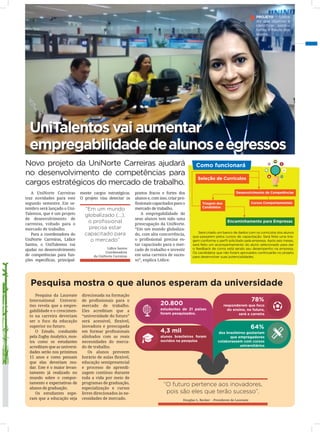 AGOSTO2014
Jornal Universo UniNorte | www.uninorte.com.br
3
Pesquisa da Laureate
International Universi-
ties revela que a empre-
gabilidade e o crescimen-
to na carreira deveriam
ser o foco da educação
superior no futuro.
O Estudo, conduzido
pela Zogby Analytics, mos-
tra como os estudantes
acreditam que as universi-
dades serão nos próximos
15 anos e como pensam
que elas deveriam mu-
dar. Este é o maior levan-
tamento já realizado no
mundo sobre o compor-
tamento e expectativas de
alunos de graduação.
Os estudantes espe-
ram que a educação seja
direcionada na formação
de profissionais para o
mercado de trabalho.
Eles acreditam que a
“universidade do futuro”
será acessível, flexível,
inovadora e preocupada
em formar profissionais
alinhados com as reais
necessidades do merca-
do de trabalho.
Os alunos preveem
horário de aulas flexível,
educação semipresencial
e processo de aprendi-
zagem contínuo durante
toda a vida por meio de
programas de graduação,
especialização e cursos
livres direcionados às ne-
cessidades de mercado.
Pesquisa mostra o que alunos esperam da universidade
UniTalentos vai aumentar
empregabilidadedealunoseegressos
Novo projeto da UniNorte Carreiras ajudará
no desenvolvimento de competências para
cargos estratégicos do mercado de trabalho.
A UniNorte Carreiras
traz novidades para este
segundo semestre. Em se-
tembro será lançado o Uni-
Talentos, que é um projeto
de desenvolvimento de
carreiras, voltado para o
mercado de trabalho.
Para a coordenadora do
UniNorte Carreiras, Lidice
Santos, o UniTalentos vai
ajudar no desenvolvimento
de competências para fun-
ções específicas, principal-
mente cargos estratégicos.
O projeto visa detectar os
pontos fracos e fortes dos
alunos e, com isso, criar pro-
fissionais capacitados para o
mercado de trabalho.
A empregabilidade de
seus alunos tem sido uma
preocupação da UniNorte.
“Em um mundo globaliza-
do, com alta concorrência,
o profissional precisa es-
tar capacitado para o mer-
cado de trabalho e investir
em uma carreira de suces-
so”, explica Lídice.
“O futuro pertence aos inovadores,
pois são eles que terão sucesso”.
Douglas L. Becker - Presidente da Laureate
20.800
78%
4,3 mil
64%
estudantes de 21 países
foram pesquisados.
responderam que foco
do ensino, no futuro,
será a carreira
alunos brasileiros foram
ouvidos na pesquisa
dos brasileiros gostariam
que empregadores
colaborassem com cursos
universitários
“Em um mundo
globalizado (...),
o profissional
precisa estar
capacitado para
o mercado”
Lídice Santos
Coordenadora
da UniNorte Carreiras
Será criado um banco de dados com os currículos dos alunos
que passarem pelos cursos de capacitação. Será feita uma tria-
gem conforme o perfil solicitado pela empresa. Após seis meses,
será feito um acompanhamento do aluno selecionado para dar
o feedback de como está sendo seu desempenho na empresa.
Os candidatos que não foram aprovados continuarão no projeto
para desenvolver suas potencialidades.
Como funcionará
Seleção de Currículos
Desenvolvimento de Competências
Triagem dos
Candidatos
Encaminhamento para Empresas
Cursos Comportamentais
PROJETO - Lídice
diz que objetivo é
identificar pontos
fortes e fracos dos
alunos.
 