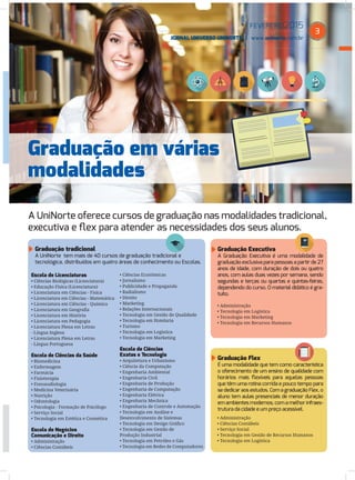 FEVEREIRO2015
JORNAL UNIVERSO UNINORTE | www.uninorte.com.br
3
A UniNorte oferece cursos de graduação nas modalidades tradicional,
executiva e ﬂex para atender as necessidades dos seus alunos.
Graduação tradicional
A UniNorte tem mais de 40 cursos de graduação tradicional e
tecnológica, distribuídos em quatro áreas de conhecimento ou Escolas.
Graduação Executiva
A Graduação Executiva é uma modalidade de
graduação exclusiva para pessoas a partir de 27
anos de idade, com duração de dois ou quatro
anos, com aulas duas vezes por semana, sendo
segundas e terças ou quartas e quintas-feiras,
dependendo do curso. O material didático é gra-
tuito.
Graduação Flex
É uma modalidade que tem como característica
o oferecimento de um ensino de qualidade com
horários mais ﬂexíveis para aquelas pessoas
que têm uma rotina corrida e pouco tempo para
se dedicar aos estudos. Com a graduação Flex, o
aluno tem aulas presenciais de menor duração
em ambientes modernos, com a melhor infraes-
trutura da cidade e um preço acessível.
Escola de Licenciaturas
• Ciências Biológicas (Licenciatura)
• Educação Física (Licenciatura)
• Licenciatura em Ciências - Física
• Licenciatura em Ciências - Matemática
• Licenciatura em Ciências - Química
• Licenciatura em Geograﬁa
• Licenciatura em História
• Licenciatura em Pedagogia
• Licenciatura Plena em Letras
- Língua Inglesa
• Licenciatura Plena em Letras
- Língua Portuguesa
Escola de Ciências da Saúde
• Biomedicina
• Enfermagem
• Farmácia
• Fisioterapia
• Fonoaudiologia
• Medicina Veterinária
• Nutrição
• Odontologia
• Psicologia - Formação de Psicólogo
• Serviço Social
• Tecnologia em Estética e Cosmética
Escola de Negócios
Comunicação e Direito
• Administração
• Ciências Contábeis
• Ciências Econômicas
• Jornalismo
• Publicidade e Propaganda
• Radialismo
• Direito
• Marketing
• Relações Internacionais
• Tecnologia em Gestão de Qualidade
• Tecnologia em Hotelaria
• Turismo
• Tecnologia em Logística
• Tecnologia em Marketing
Escola de Ciências
Exatas e Tecnologia
• Arquitetura e Urbanismo
• Ciência da Computação
• Engenharia Ambiental
• Engenharia Civil
• Engenharia de Produção
• Engenharia de Computação
• Engenharia Elétrica
• Engenharia Mecânica
• Engenharia de Controle e Automação
• Tecnologia em Análise e
Desenvolvimento de Sistemas
• Tecnologia em Design Gráﬁco
• Tecnologia em Gestão de
Produção Industrial
• Tecnologia em Petróleo e Gás
• Tecnologia em Redes de Computadores
• Administração
• Tecnologia em Logística
• Tecnologia em Marketing
• Tecnologia em Recursos Humanos
• Administração
• Ciências Contábeis
• Serviço Social
• Tecnologia em Gestão de Recursos Humanos
• Tecnologia em Logística
Graduação em várias
modalidades
 