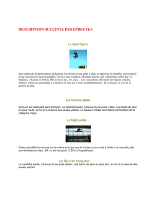 DESCRIPTION SUCCINTE DES EPREUVES
Le saut figure
Sans recherche de performance en hauteur, il consiste en une prise d’élan, un appel sur le tremplin, la réalisation
d’une ou plusieurs figures pendant l’envol et une réception. Plusieurs figures sont répertoriées, telles que : le
Papillon, le Karaté, le 180, le 360, le Sac à dos, le Lucky… Les concurrents effectuent des figures simples,
doubles, triples ou quadruples. La notation se base sur 3 notes complémentaires : la technique, le style et la
gestion du saut.
La hauteur pure
Epreuve se pratiquant sans tremplin. Le candidat saute, à l’issue d’une prise d’élan, une barre de plus
en plus haute, au fur et à mesure des essais validés. La hauteur initiale de la barre est fonction de la
catégorie d’âge.
Le high jump
Cette spécialité fonctionne sur le même principe que la hauteur pure mais à l’aide d’un tremplin plat
aux dimensions fixes : 60 cm de haut pour 2,30 m d’hypoténuse.
Le Saut en longueur
Le candidat saute, à l’issue d’une prise d’élan, une barre de plus en plus loin, au fur et à mesure des
essais validés
 