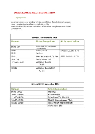 DEROULEMENT DE LA COMPETITION
Le programme
Au programme, pour une journée de compétition dans la bonne humeur :
· une compétition de roller freestyle / freeride
· des moments de détente conviviaux afin d'allier compétition sportive et
Amusement.
DIMANCHE 29 Novembre 2014
Horaires Aire de Compétition
9h30-10h00 Training
10h00-11h30 RANDONNEE
12h00-14h00 DEMO MATCH ROLLER
16h30-18h00 FINALE Slalom Classic / Pair
18h30-19h00 PRESTATION ANNIMATION
Remise des prix
Horaires Aire de Compétition Air de speed slalom
9h30-10h Vérification des inscriptions
Echauffement
10H30 Hauteur pure CJS SPEED SLALOM - P / B
11H30 High Jump
13h00 SAUT FIGURE – P / B / M SPEED SLALOM – M / CS
16h-17h Saut en longueur PBM
17h00-18h30 Le Slalom Classic
C/ J/S
18h30 Le Slalom Classic Pair
C/ J/S
Samedi 28 Novembre 2014
 
