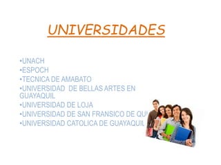 UNIVERSIDADES
•UNACH
•ESPOCH
•TECNICA DE AMABATO
•UNIVERSIDAD DE BELLAS ARTES EN
GUAYAQUIL
•UNIVERSIDAD DE LOJA
•UNIVERSIDAD DE SAN FRANSICO DE QUITO
•UNIVERSIDAD CATOLICA DE GUAYAQUIL
 