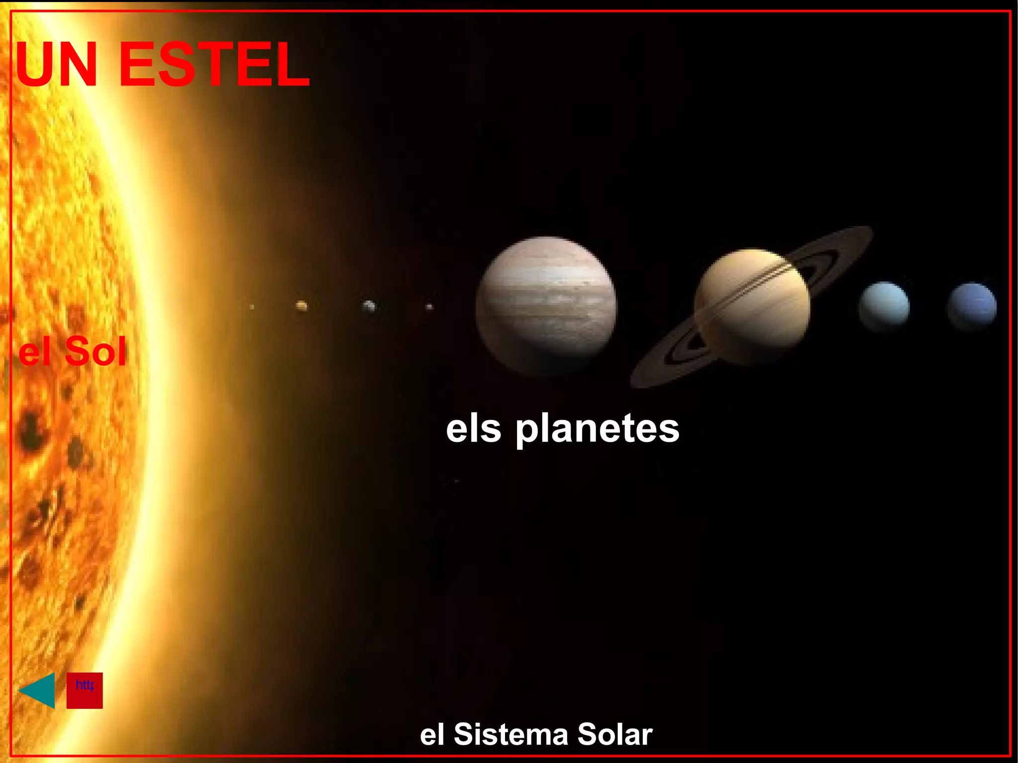 UN ESTEL el Sol els  planetes el Sistema Solar http://www.edu365.cat/primaria/muds/natural/univers/imatges/univers3.swf 