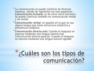 *Comunicación no verbal: Es aquella que no se da directamente a
través de la voz.
Comunicación Escrita: Cuando el lenguaje...