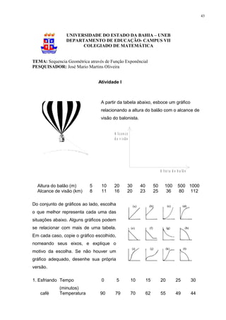 43




                UNIVERSIDADE DO ESTADO DA BAHIA – UNEB
                DEPARTAMENTO DE EDUCAÇÃO- CAMPUS VII
                      COLEGIADO DE MATEMÁTICA


TEMA: Sequencia Geométrica através de Função Exponêncial
PESQUISADOR: José Mario Martins Oliveira


                                Atividade I



                                 A partir da tabela abaixo, esboce um gráfico
                                 relacionando a altura do balão com o alcance de
                                 visão do balonista.


                                       A lc a n c e
                                       d e v isã o




                                                                          A lt u r a d o b a lã o


  Altura do balão (m)      5     10    20         30       40        50       100        500 1000
  Alcance de visão (km)    8     11    16         20       23        25        36         80 112

Do conjunto de gráficos ao lado, escolha
o que melhor representa cada uma das
situações abaixo. Alguns gráficos podem
se relacionar com mais de uma tabela.
Em cada caso, copie o gráfico escolhido,
nomeando seus eixos, e explique o
motivo da escolha. Se não houver um
gráfico adequado, desenhe sua própria
versão.

1. Esfriando Tempo               0         5          10        15        20            25          30
             (minutos)
   café      Temperatura        90      79            70        62        55            49          44
 