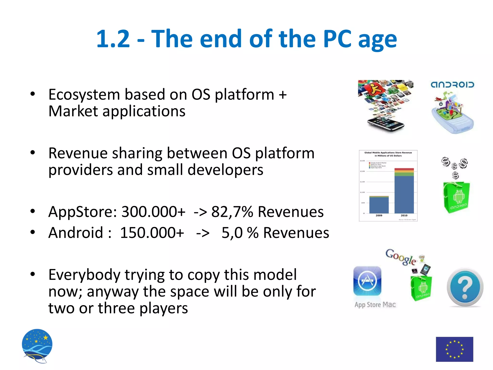 1.2 - The end of the PC age Ecosystem based on OS platform + Market applications Revenue sharing between OS platform providers and small developers AppStore: 300.000+  -> 82,7% Revenues Android :  150.000+  ->  5,0 % Revenues Everybody trying to copy this model now; anyway the space will be only for two or three players 