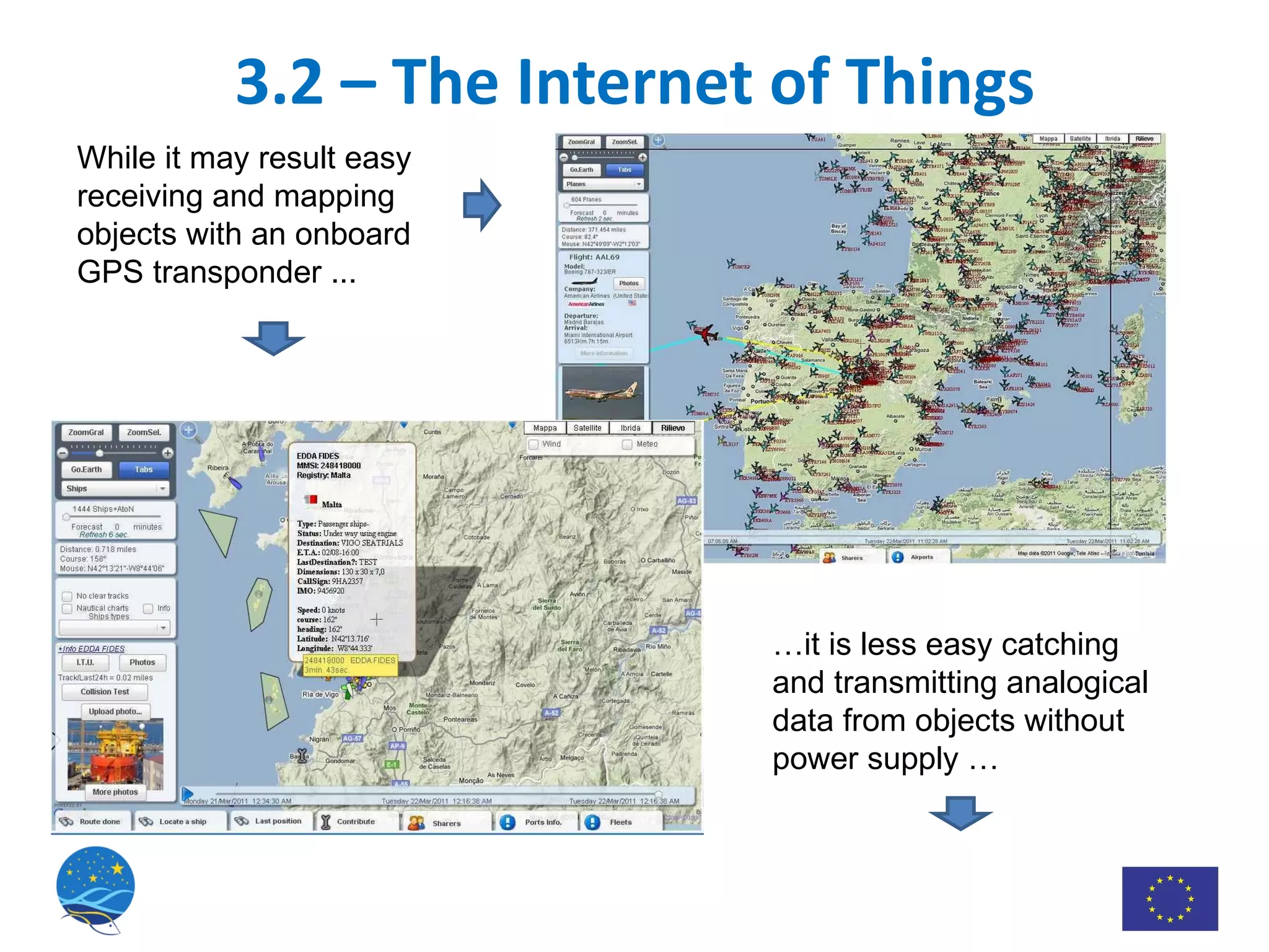 3.2 – The Internet of Things While it may result easy receiving and mapping objects with an onboard GPS transponder ... … it is less easy catching and transmitting analogical data from objects without  power supply … 