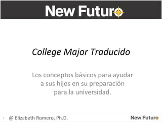 College	
  Major	
  Traducido	
  
Los	
  conceptos	
  básicos	
  para	
  ayudar	
  	
  
a	
  sus	
  hijos	
  en	
  su	
  preparación	
  	
  
para	
  la	
  universidad.	
  

1

@	
  Elizabeth	
  Romero,	
  Ph.D.	
  

 