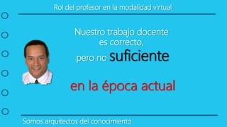 Somos arquitectos del conocimiento
Nuestro trabajo docente
es correcto,
pero no suficiente
en la época actual
Rol del profesor en la modalidad virtual
 