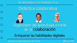 Somos enriquecedores del alma @tu_profe
Didáctica colaborativa
Organizador del aprendizaje a través
de la colaboración
Rol del profesor en la modalidad virtual
Enriquecer las habilidades digitales
 