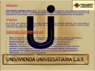 UNIVIVIENDA INMOBILIARIA S.A.S., es una sociedad Santandereana especializada en arriendos de
cupo universitarios, ofrecer un servicio de intermediación inmobiliaria personalizado del más alto nivel
soportado en la tecnología, a los usuarios alquilen sus inmuebles cumpliendo sus necesidades.



En el 2015, está basada en abarcar toda nuestra ciudad, el mercado regional y ser reconocidos a
nivel nacional, para así ser mejores cada día y mostrándonos para que nuestros clientes tengan
confianza y seguridad ante nosotros.




•   Ética :El desarrollo de nuestra actividad profesional implica que lo hagamos atendiendo a
    principios éticos que redunden en bienestar y seguridad para nuestros clientes.
•   Responsabilidad: Llevar a cabalidad el cumplimiento de dichos proyectos.
•   Respeto: Tratar a todos nuestros clientes con dignidad y profesionalismo.
•   Integridad: Mantener los más altos estándares en nuestra manera de hacer negocios
•   Servicio: Ofrecer soluciones innovadoras y dinámicas para mejorar continuamente
•   Excelencia: Ser la agencia de bienes raíces en cubrimiento de cupos universitarios.
•   SERVICIOS: Alquiler de cupos universitarios.
 
