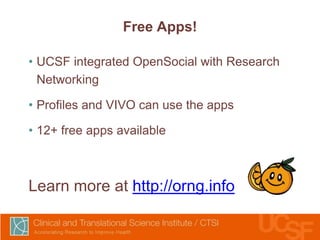 Free Apps!
• UCSF integrated OpenSocial with Research
Networking
• Profiles and VIVO can use the apps
• 12+ free apps available

Learn more at http://orng.info

 