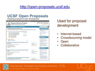 http://open-proposals.ucsf.edu

Used for proposal
development
•
•
•
•

Internet-based
Crowdsourcing model
Open
Collaborative

 