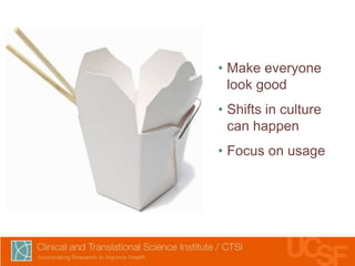 • Make everyone
look good
• Shifts in culture
can happen
• Focus on usage

 