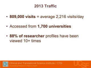 2013 Traffic
• 809,000 visits = average 2,216 visits/day
• Accessed from 1,700 universities
• 88% of researcher profiles have been
viewed 10+ times

 