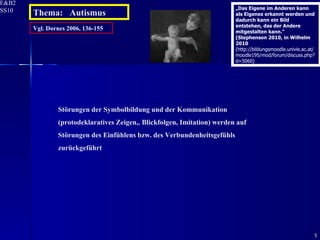 Vgl. Dornes 2006, 136-155 Störungen der Symbolbildung und der Kommunikation (protodeklaratives Zeigen,. Blickfolgen, Imitation) werden auf Störungen des Einfühlens bzw. des Verbundenheitsgefühls zurückgeführt Thema:  Autismus „ Das Eigene im Anderen kann als Eigenes erkannt werden und dadurch kann ein Bild entstehen, das der Andere mitgestalten kann.“ (Stephenson 2010, in Wilhelm 2010  (http://bildungsmoodle.univie.ac.at/moodle195/mod/forum/discuss.php?d=5060) 