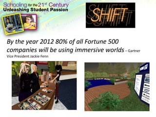 By the year 2012 80% of all Fortune 500
companies will be using immersive worlds – Gartner
Vice President Jackie Fenn
 