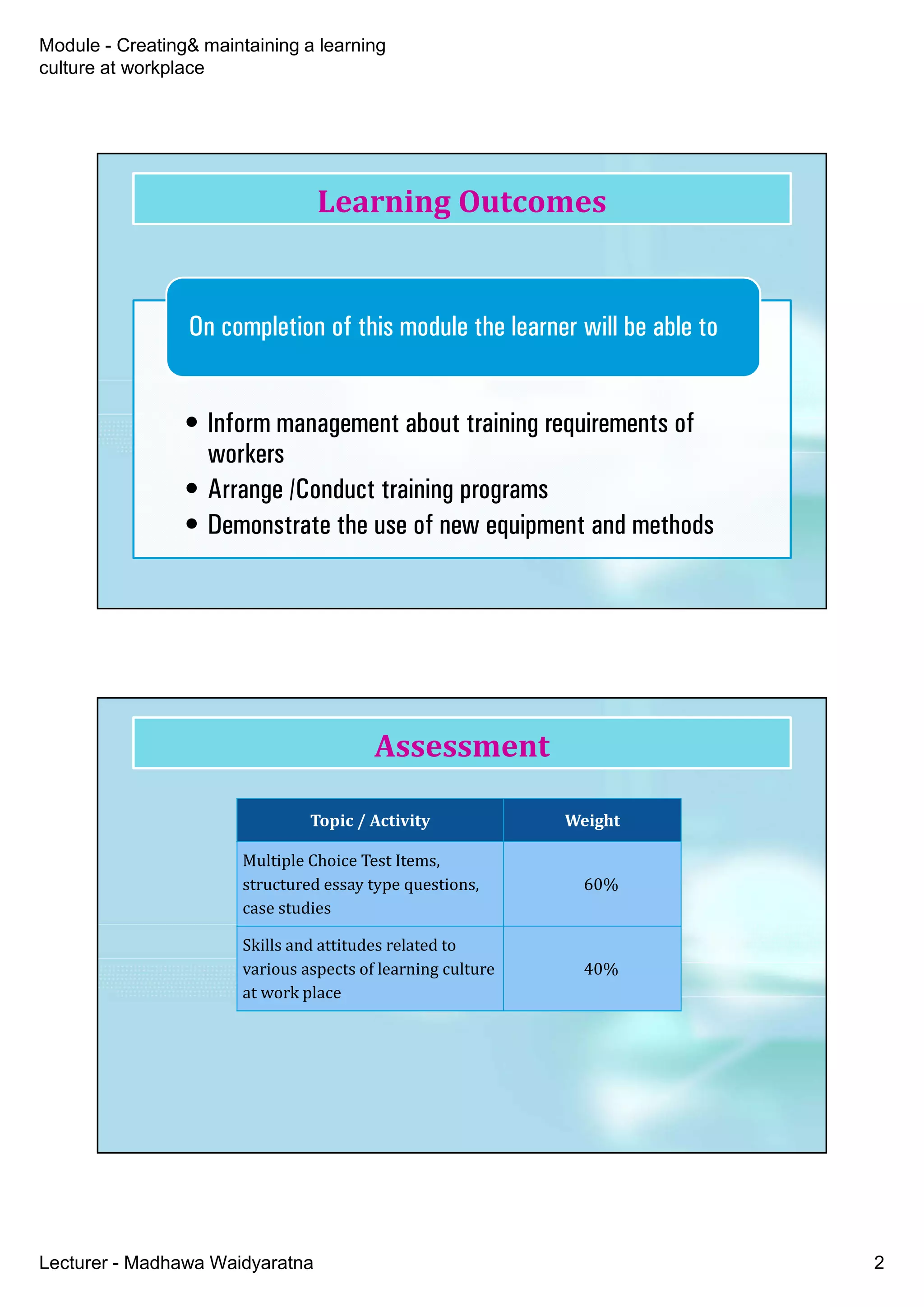 Module - Creating& maintaining a learning
culture at workplace
Lecturer - Madhawa Waidyaratna 2
• Inform management about training requirements of
workers
• Arrange /Conduct training programs
• Demonstrate the use of new equipment and methods
On completion of this module the learner will be able to
Learning Outcomes
Assessment
Topic / Activity Weight
Multiple Choice Test Items,
structured essay type questions,
case studies
60%
Skills and attitudes related to
various aspects of learning culture
at work place
40%
 