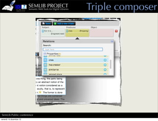 SEMLIB PROJECT
                         Semantic Web Tools for Digital Libraries   Triple composer




SemLib Public conference
venerdì 14 dicembre 12
 