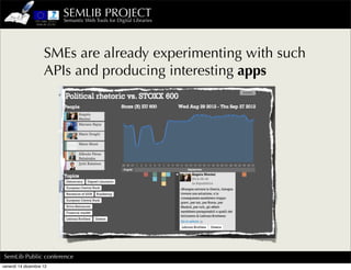 SEMLIB PROJECT
                         Semantic Web Tools for Digital Libraries




                    SMEs are already experimenting with such
                    APIs and producing interesting apps




SemLib Public conference
venerdì 14 dicembre 12
 
